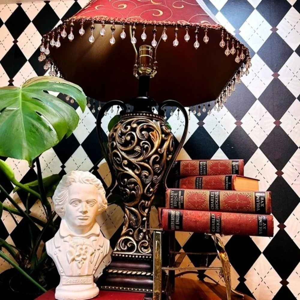 Moody Vintage Table Lamp‎ with Deep Burgundy Shade| Ornate Baroque Decor